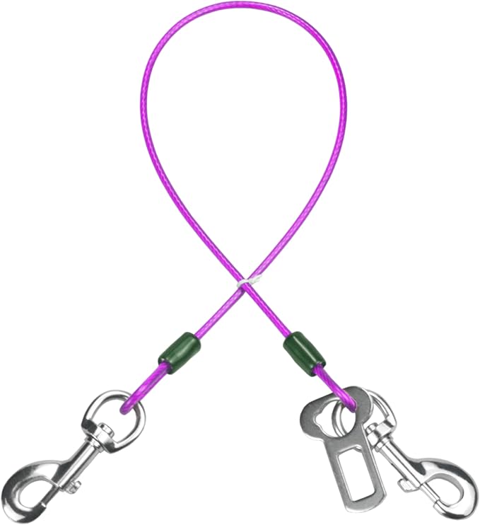 Dog Seat Belt Harness for Car,Dog Seatbelt of Coated Wire Leash Safety Restraint,No Chew Tether Cable Vehicle,Double Clips & Latch(Purple, 16 inch/40 CM)