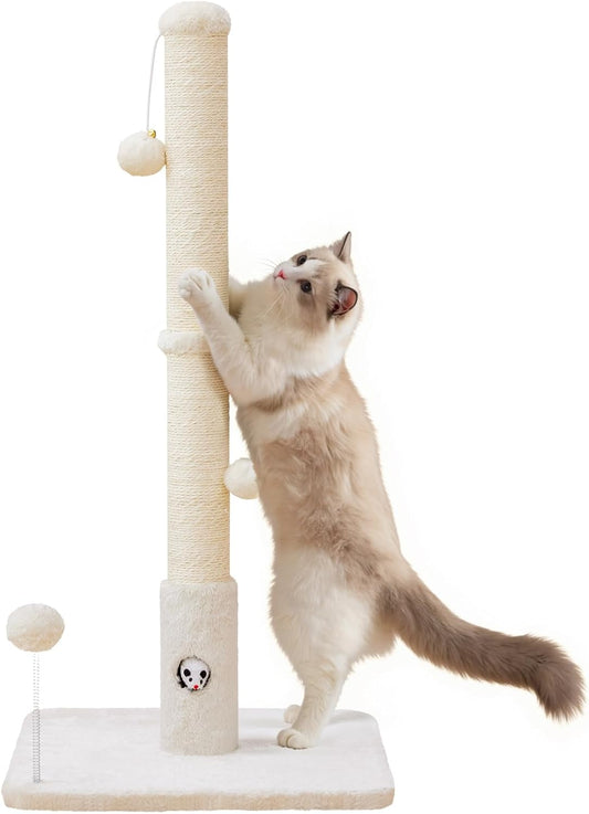 Cat Scratching Posts 33" for Adults Cats, Cat Scratcher with Soft Fabric Covering Base and Durable Sisal Rope, Scratcher with Fun Mouse Hole and Cat Toy for Tall Cats (White)