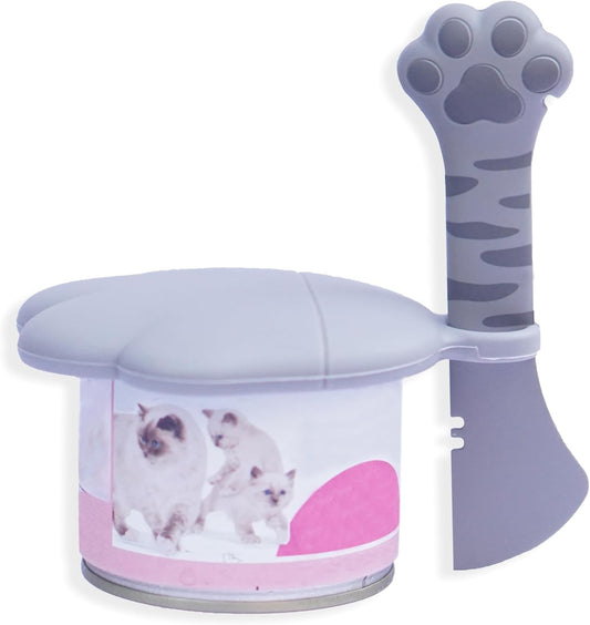 Meow&Woof Cute Cat Pet Can Food Cover with Spoon - One Lid and One Spoon Pack (Gray)