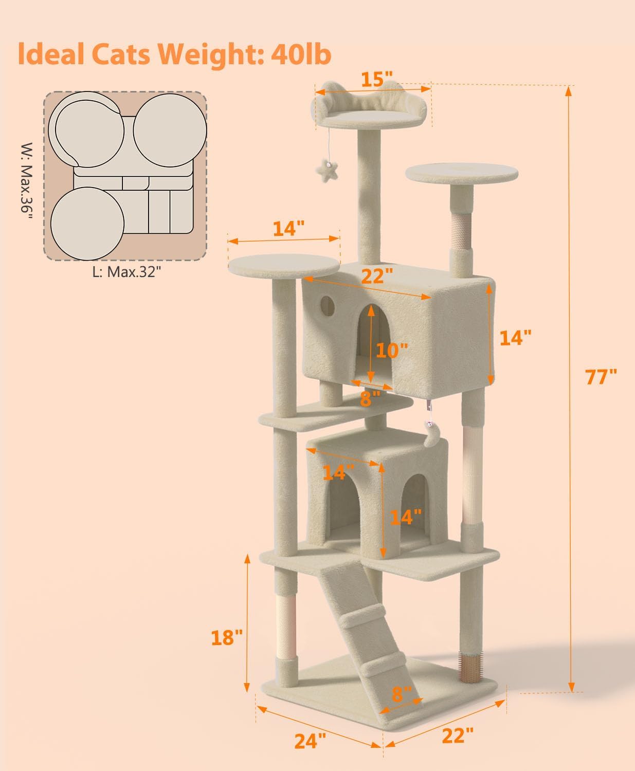 77'' Cat Tree Tower for Indoor Cats Large Adult, Cute/Tall Modern Cat Tree for Big Cats 20 lbs, Plush Multi-Level Cat Condo with Scratching Posts, Dangling Ball for Fun Play (Beige, 77 inch)