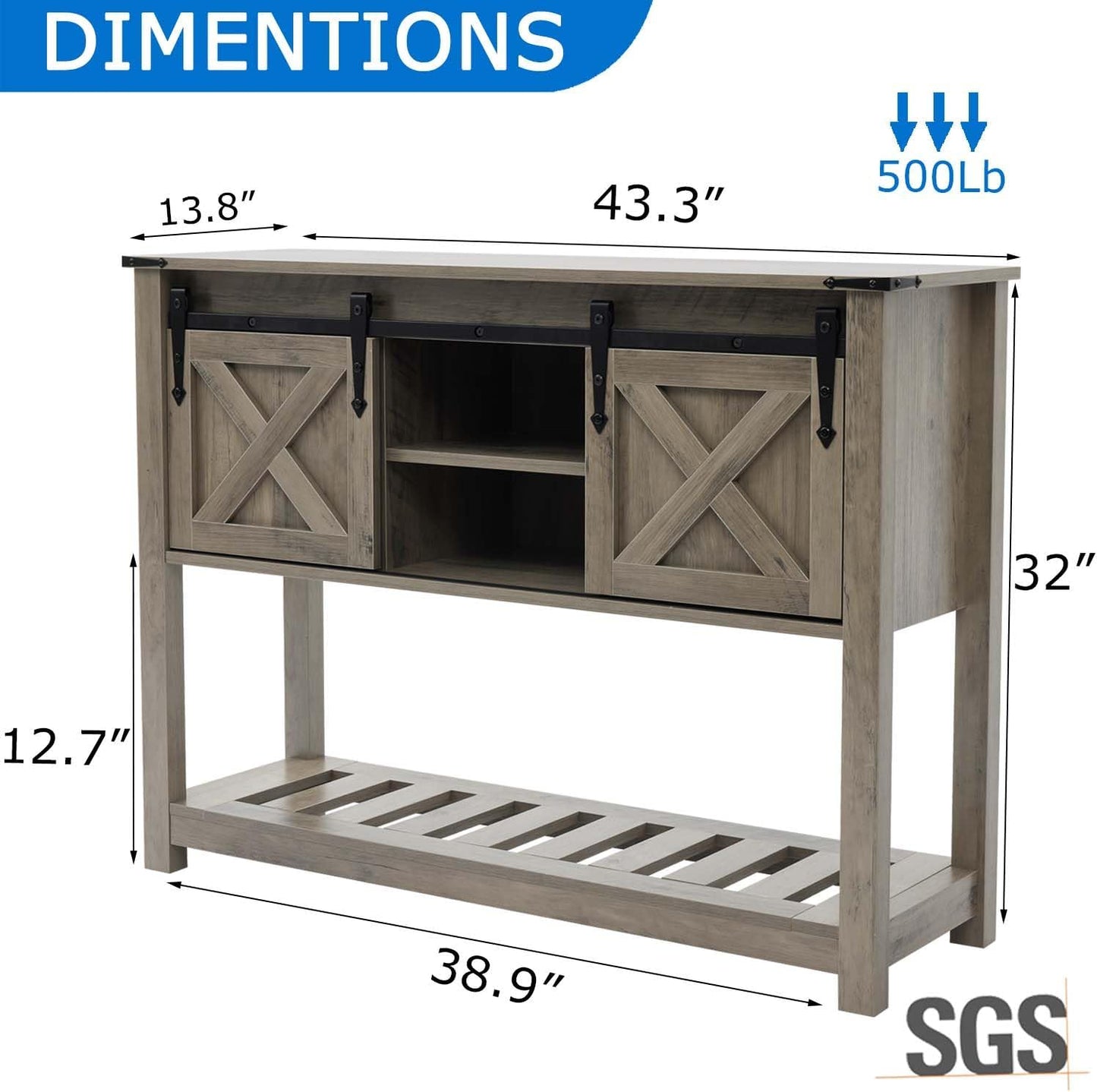 Entryway Table with Storage, Farmhouse Buffet Cabinet Coffee Bar Kitchen Island with Sliding Barn Doors & Shelves, Console Table for Kitchen, Dining Room, Living Room, Grey