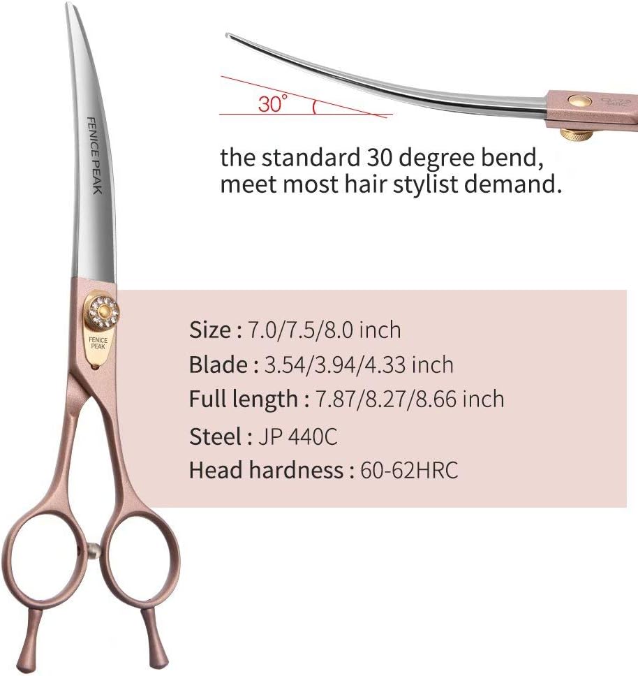 Fenice Peak Professional Curved Dog Grooming Scissors 7'' Rose Gold 440C Stainless Steel Pet Cutting Shears Safety Trimming Shearing for Dogs Cats