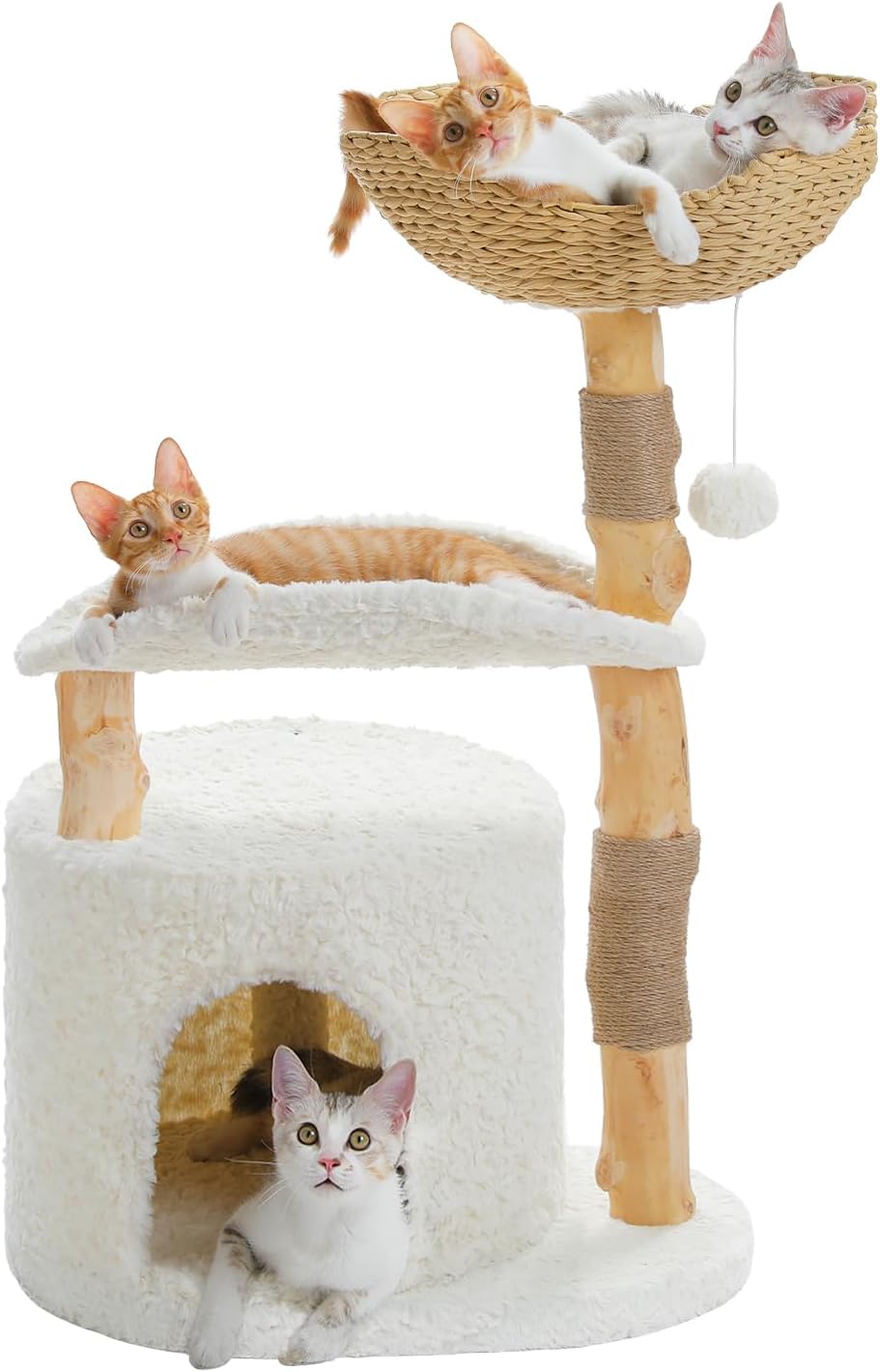 PAWZ Road Cat Tree for Indoor Cats Large Adults,38 Inches Modern Cat Tree Tower with Spacious Wicker Basket,Natural Solid Wood Scratching Posts,Curved Bed,Luxury Cat Condo for Large Cat