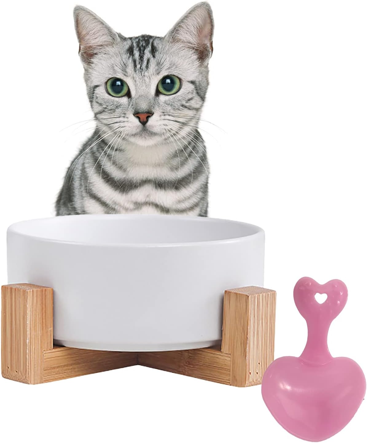 Ceramic Dog Cat Bowl with Wood Stand,Cat Food & Water Bowls Elevated Non-Spill Modern Cute Kitty Dishes Heavy Weighted Round Pet Dishes Set for Kitten Small Cat(White)