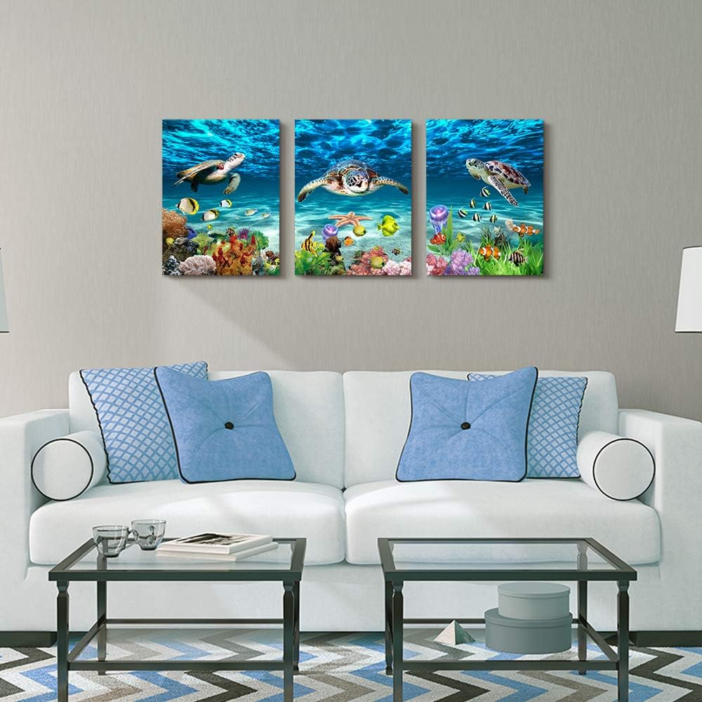 AHUASJART Canvas Wall Art for Living Room family Wall decor for Bedroom Bathroom Wall Decoration blue Ocean Sea Turtle Paintings Modern shark Pictures Artwork office Ready to Hang 12" x 16" 3 Piece