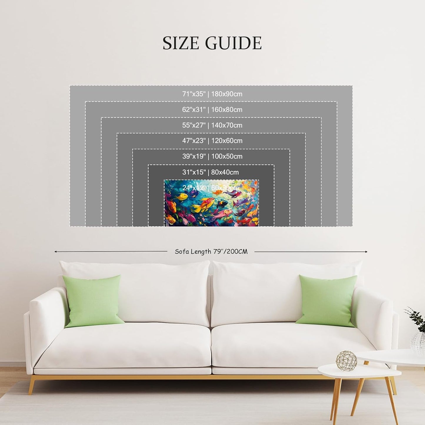 School of Fish Printed Canvas Wall Art – Framed Abstract Ocean Print – Vibrant Fish Wall Decor for Living Room, Bedroom, Office (Gold Framed, 24"x12"|60x30cm)