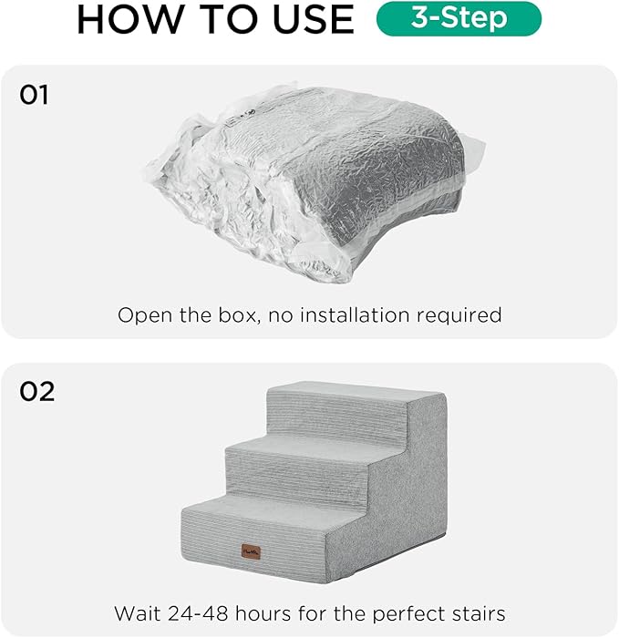 Made4Pets Dog Stairs for Small Dogs, Extra Wide Dog Steps for Bed Couch Sofa and Chair, 35D Foam Pet Steps for Small Dogs and Cats, Non-Slip Bottom Pet Stairs, Light Grey, 3 Steps