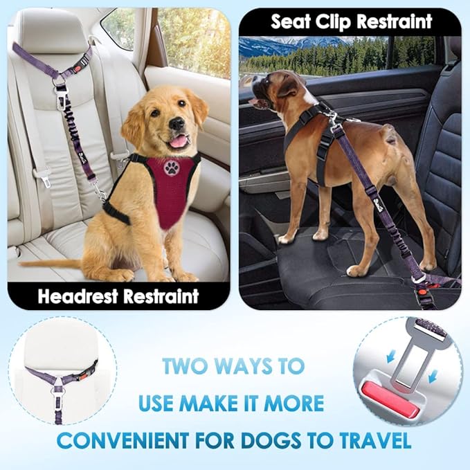 SlowTon Dog Seat Belt for Car, 2 Pack Dog Car Harness Seatbelt Adjustable with Elastic Bungee Buffer, 2 in 1 Pet Car Leash Headrest Restraint Dog Reflective Safety Tether (Purple, Headrest+Clip)