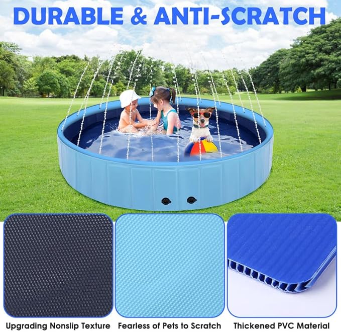 71" Large Dog Pool with Sprinkler, 2-in-1 Foldable Swimming Pool Non-Slip Hard Plastic Splash Sprinkler Kiddie Pool for Outdoor Backyard Kids Dogs Ducks and Pet Baths