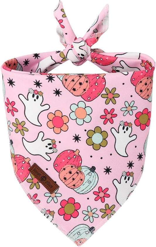 Lionet Paws Halloween Dog Bandana Washable Cotton Handkerchief Scarf Triangle Flower Ghost Pink Bandanas for Small Medium Dogs Girl