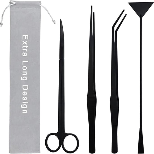 Aquarium Aquascape Tools Kit, Long 15 Inch Stainless Steel Aquatic Plants Tools, 4 in 1 Anti-Rust Black Aquascaping Tweezers Scissors Spatula Scrapers Tool Set for Fish Tank Cleaning Plant Trimming
