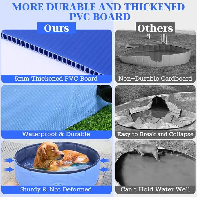 Foldable Dog Bath Swimming Pool Plastic Kiddie Pool Professional Tub Collapsible Grooming Bathtub for Pets Kids Baby and Toddler, 71 x 12 Inches Blue