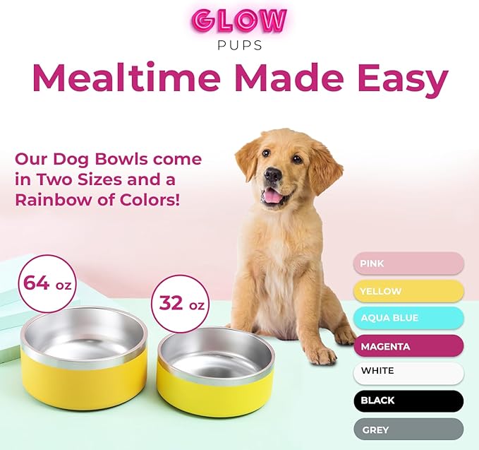 Dog Bowl - Vacuum Insulated Keeps Water Cool, Non-Slip Base, Easy Clean Interior, Durable Stainless Steel, Multiple Colors, Ideal for Travel, 32 Oz - Pet Bowl (Yellow)