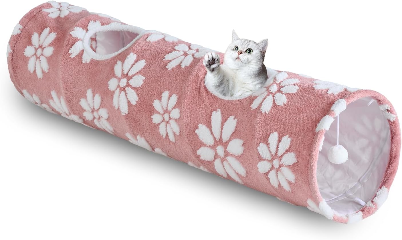 Straight Cat Tunnel for Indoor Cats 47"x12", Cute Cat Toys Collapsible Tunnel Tube with Balls for Puppy Kitten Rabbit, Pink Flower