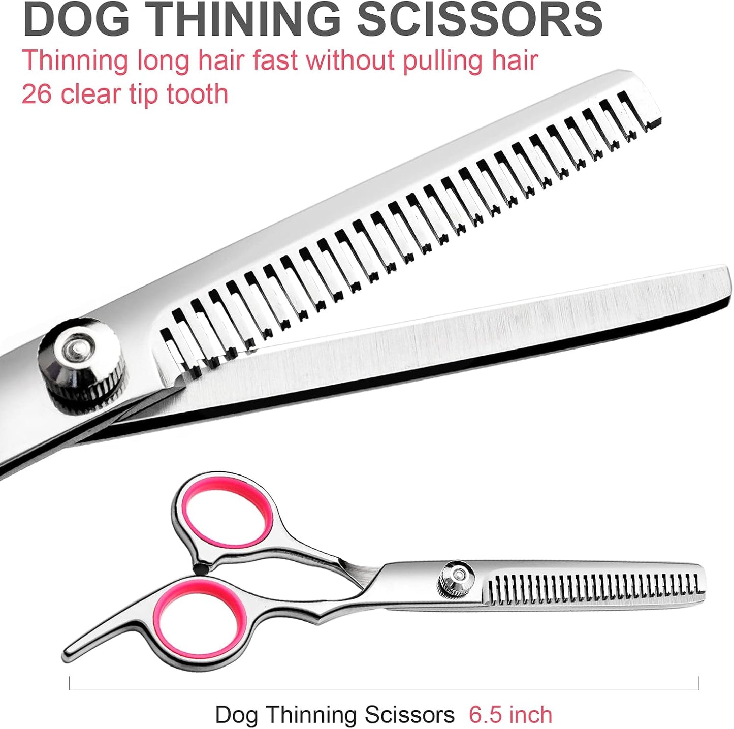 Dog Grooming Scissors with Safety Round Tips Stainless Steel Professional Dog Grooming Kit - Thinning, Curved Scissors and Comb for Cat Pet (Pink 4 in 1)