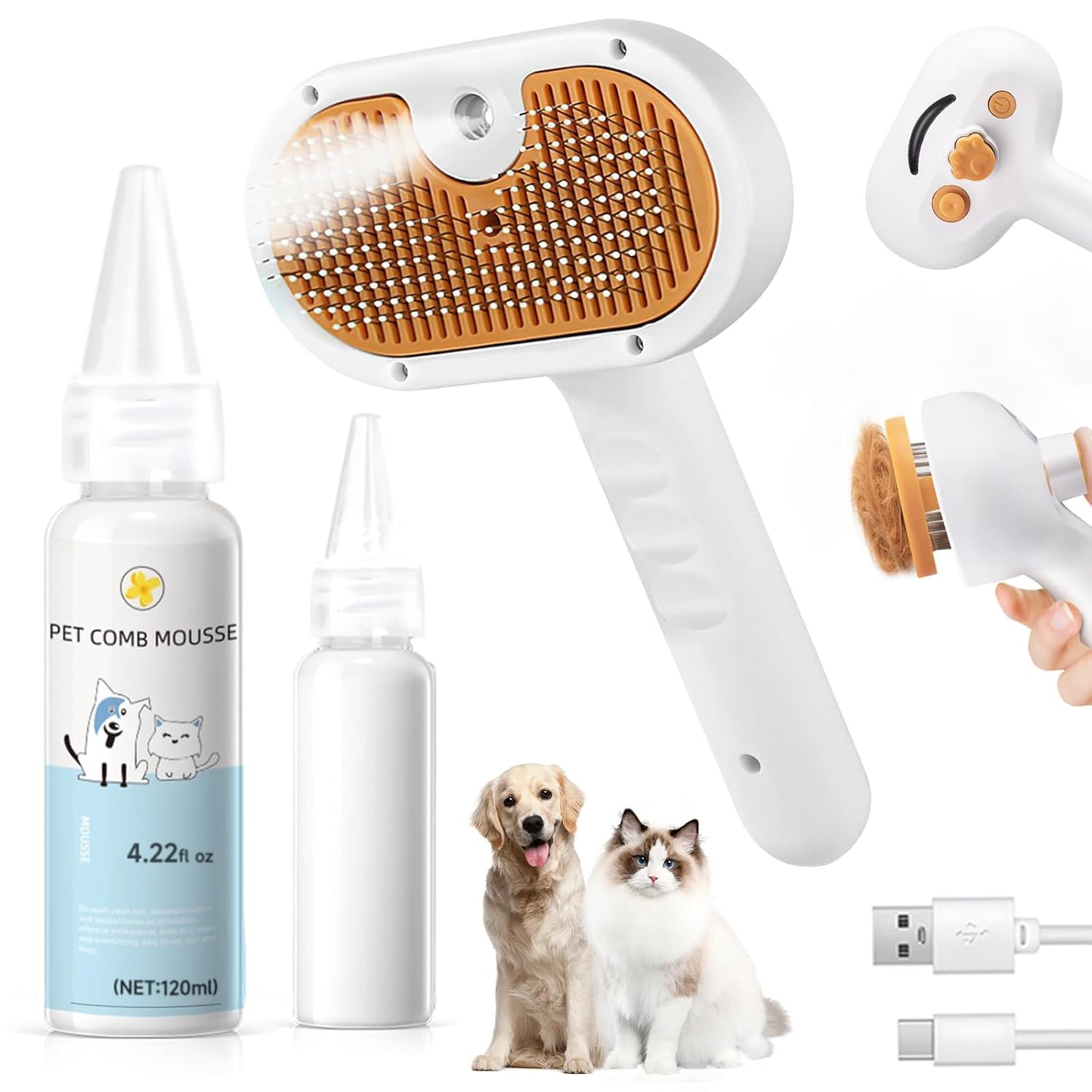 Pet Steam Brush for Dogs and Cats – 3-in-1 Pet Grooming Tool, Spray Portable Design, Suitable for Home and Travel, Ideal for Medium & Long-Haired Pets, Includes 1*Waterless Shampoo, Yellow