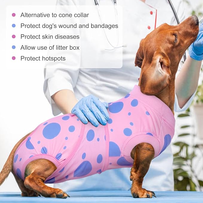 Kuoser Dog Surgery Recovery Suit, Anti Licking Pet Surgical Suit for Dogs Male Neuter, Female Dog Surgery Suit for Spay Subsititute E-Collar Cone, Dogs Body Suits After Surgery Pink Polka Dot XS