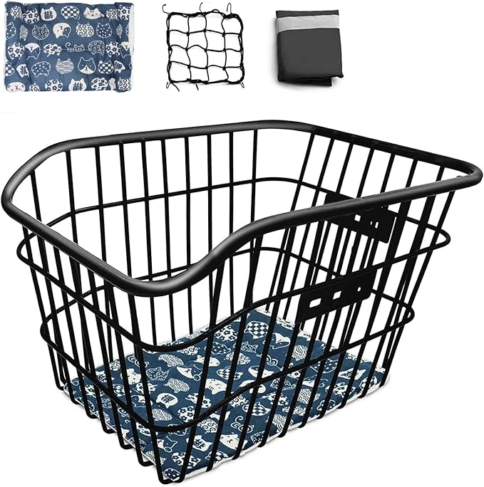 Rear Bike Basket, Tool-Free Install, Dog/Pet Carrier, Ebike Electric Bicycle Back Cargo Basket, Fits Most Rear Racks, with Waterproof Cover, Cargo Net