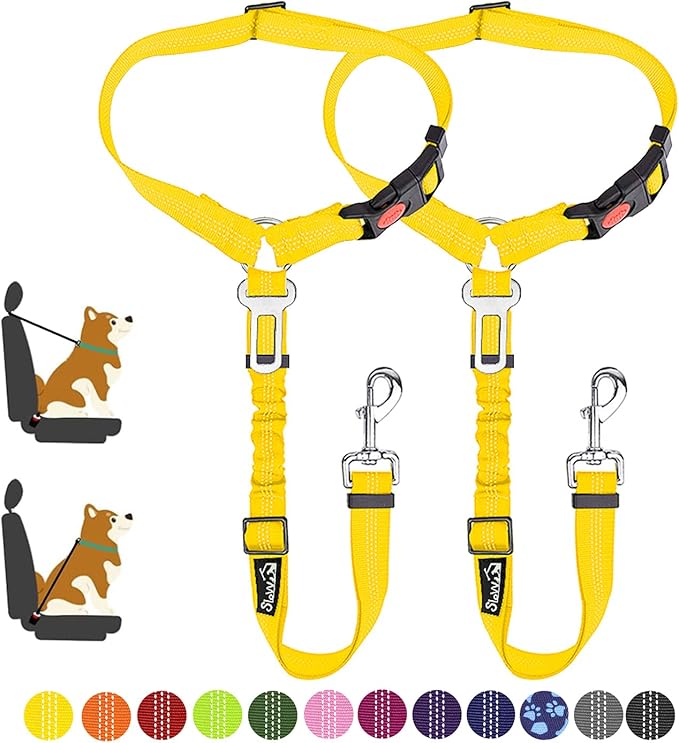 SlowTon Dog Seat Belt for Car, 2 Pack Dog Car Harness Seatbelt Adjustable with Elastic Bungee Buffer, 2 in 1 Pet Car Leash Headrest Restraint Dog Reflective Safety Tether (Yellow, Headrest+Clip)