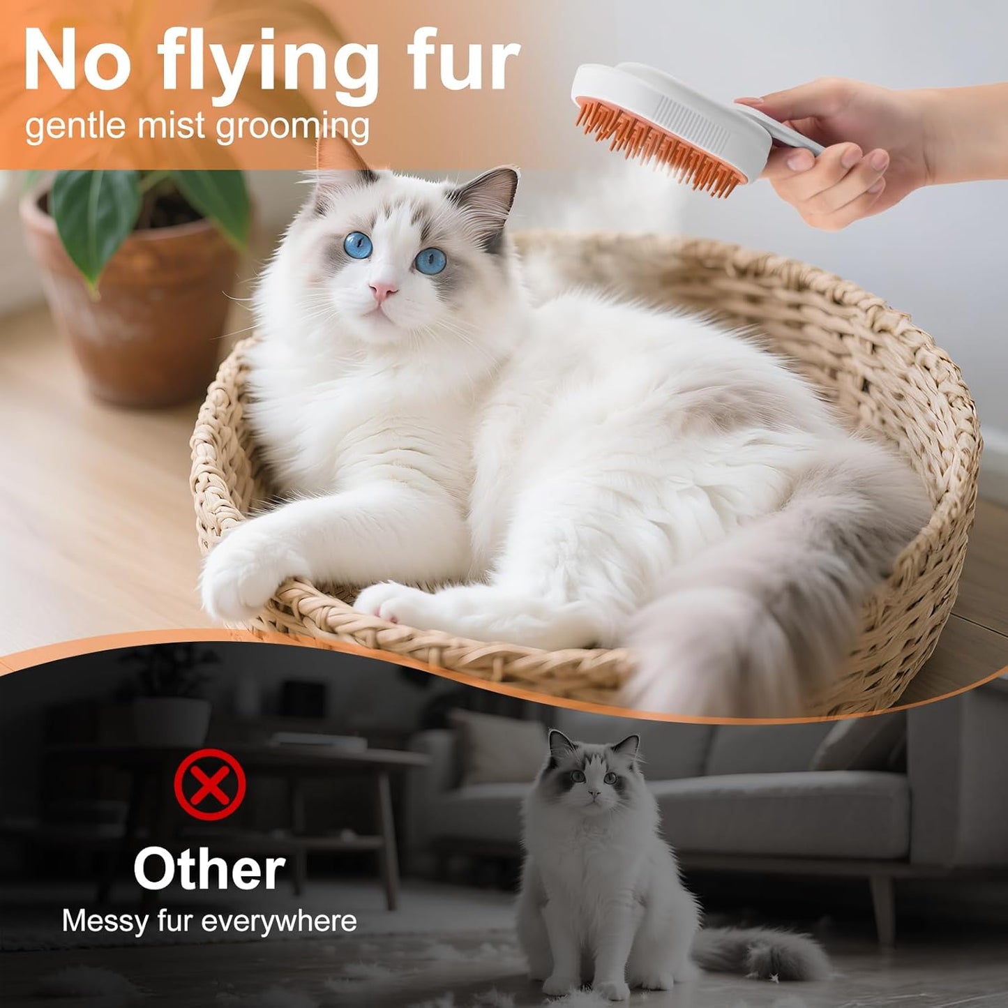 Steam Brush for Cat & Dog – 3-in-1 Spritz Pet Spray Hair Removal Comb for Grooming & Shedding Steam – Water Brush for Long & Short Haired Pets– Includes Two Bottles Waterless Shampoo