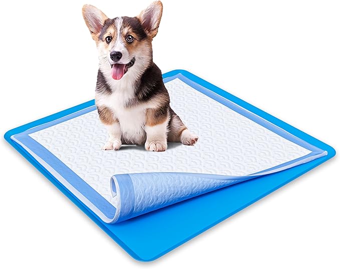 TidyFriend Dog Pee Pad Holder Tray Fits for 24” x 24” Wee Wee Pee Pads - Stable Grip, Raised Edges, Quick-Wipe Silicone Surface Dog Potty Tray Holder for Indoor Flooring Protection (Dark Blue)