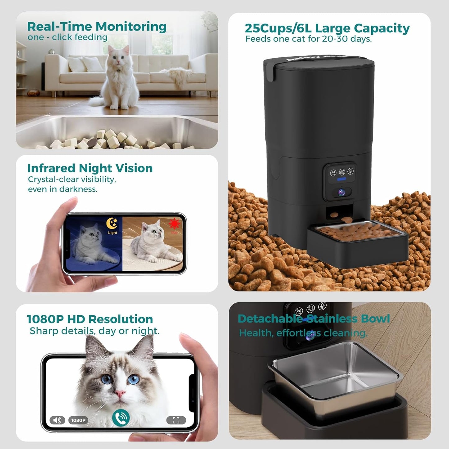 Automatic Cat Feeder,Camera 1080P HD - 6L Pet Feeder, 2.4/5G WiFi Smart App Control, Bluetooth Assist Link,Wide-Angle Lens,Automatic Feeder for Small and Medium-Sized Pets
