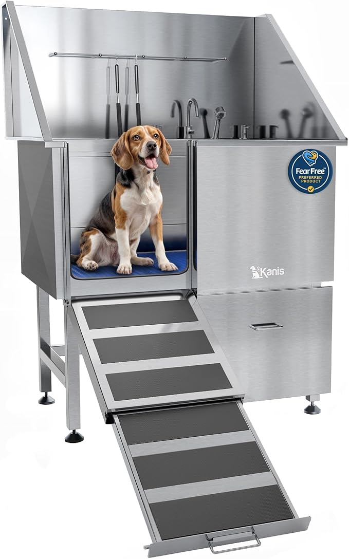 KANIS Professional Dog Washing Station - 304 Stainless Steel Pet Wash Sink & Grooming Bath Tub for Home with Ramp, Shower, Floor Grate, Storage Drawer, Faucet, Drain Kit for Large, Medium & Small Pets