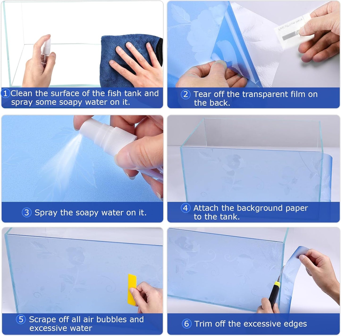 Aquarium Background Paper, Blue Fish Tank Backdrop Wallpaper Electrostatic Adhesive, No Glue, Easy to Install, Reusable (13.7" H × 43.3" L, Translucent)