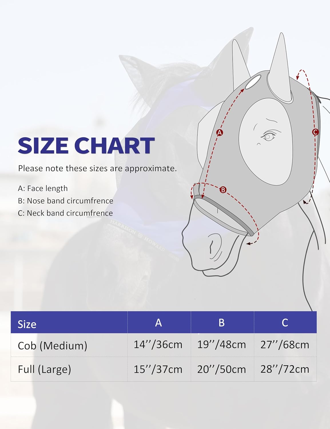 Harrison Howard Horse Fly Mask with Forelock Opening Stretch Breathable and Comfortable for Horses UV -Protection Navy L