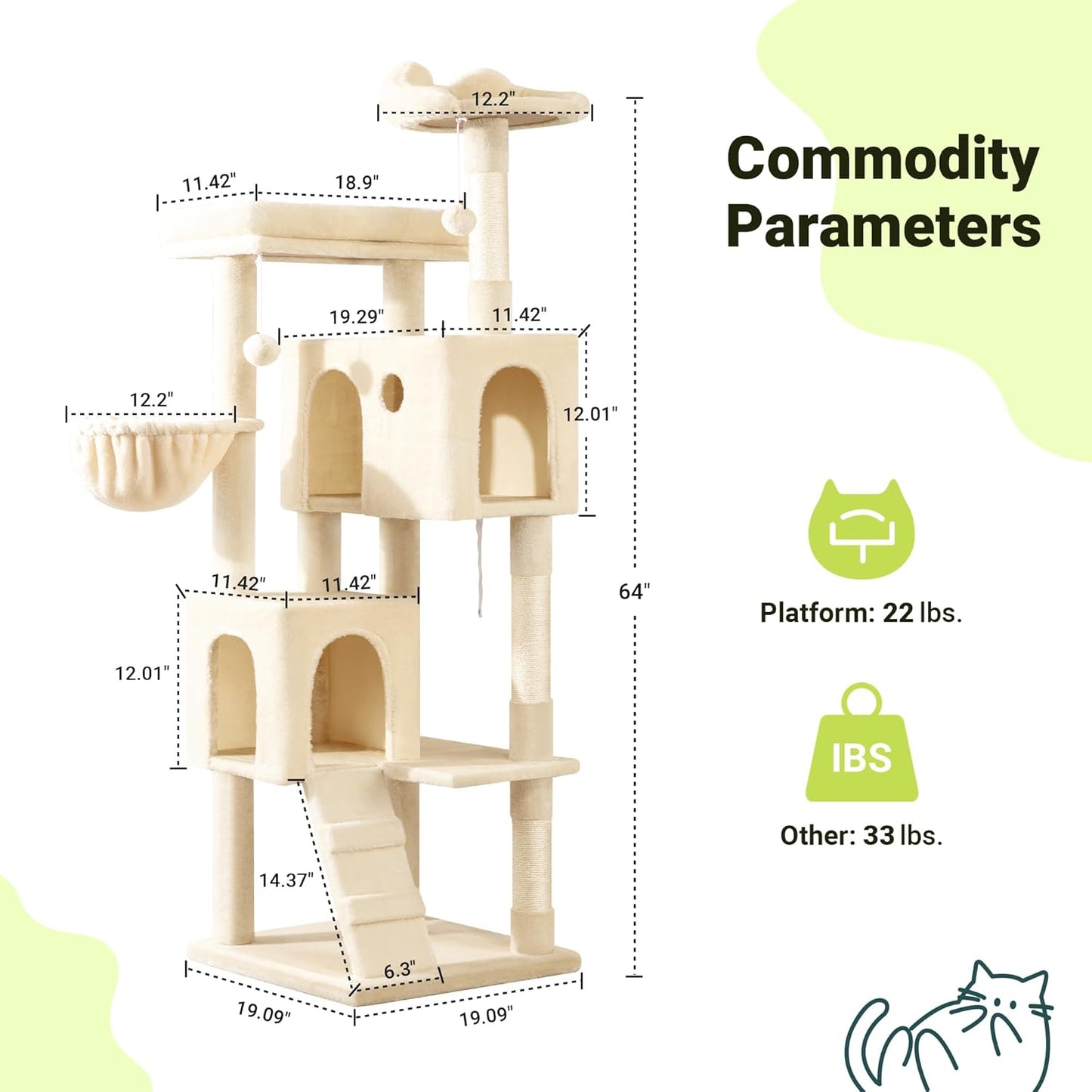 Allewie 64 Inches Cat Tree Tower/Multi-Level Activity Center for Indoor Big Felines/2 Plush Condos/2 Perchs/Basket/House/Sisal Scratching Posts/Hanging Cat Toys/Beige