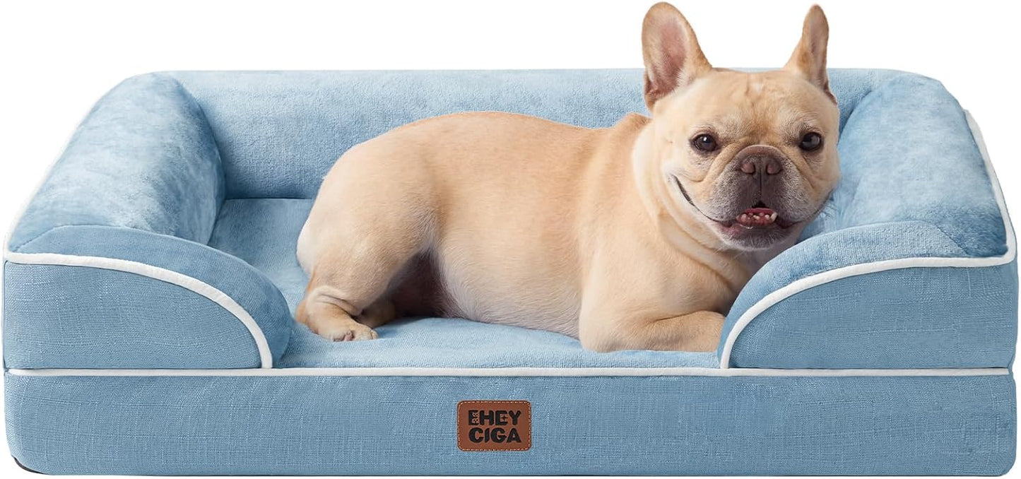 EHEYCIGA Orthopedic Dog Bed for Medium Dogs, Waterproof Memory Foam Medium Dog Beds with Sides, Non-Slip Bottom and Egg-Crate Foam Pet Couch Bed with Washable Removable Cover, Washed Blue