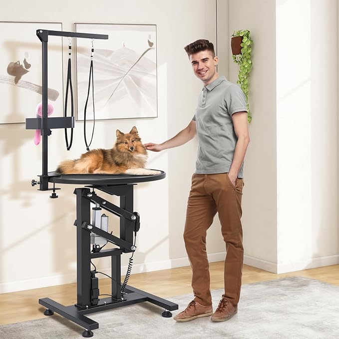 Electric Hydraulic Lift Pet Dog Grooming Table, 24Inch 360° Rotating Grooming Desktop for Small Dogs, with Overhead Arm, Wireless Remote, Tool Organizer, Black