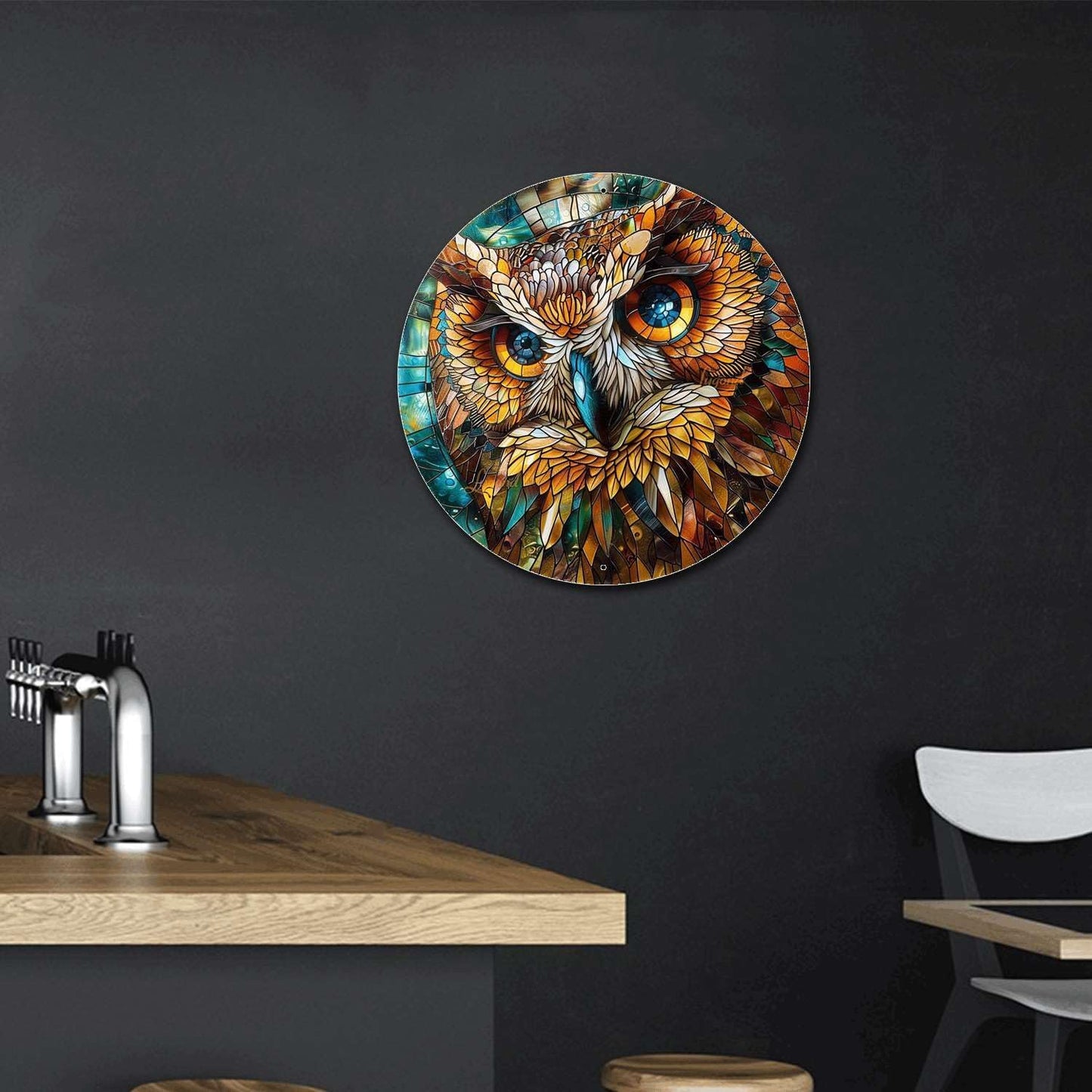 Lygond Metal Sign Tin Sign Circular Stained Glass Owl Metal Garden Sign for Club 12×12 Inches