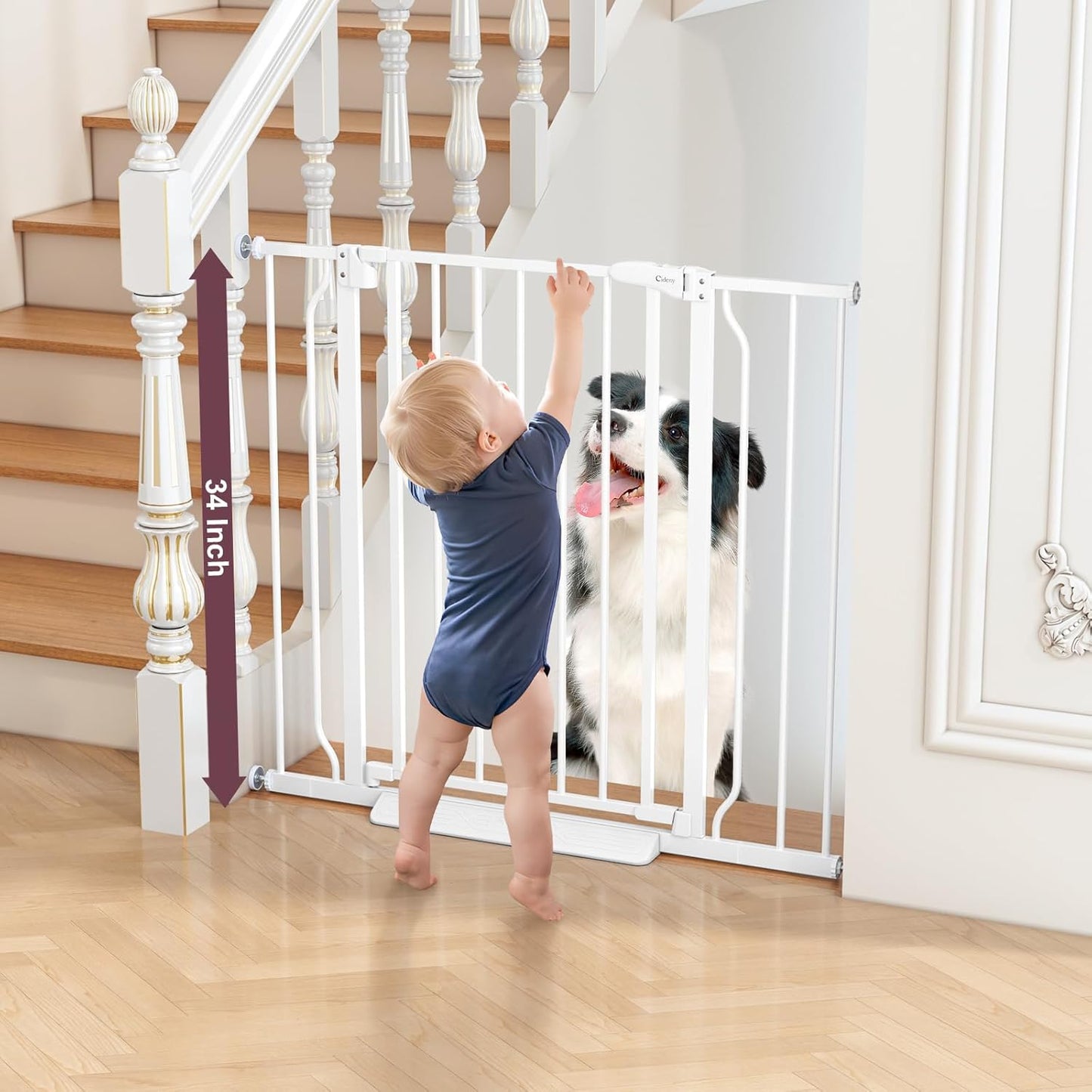 34" Extra Tall Baby Gate for Stairs, Auto Close Stroller Friendly Dog Gate Indoor for Doorways, Pressure Mounted 29"-40" W Baby Gate, Easy Walk Through Gate for Children & Pets, White