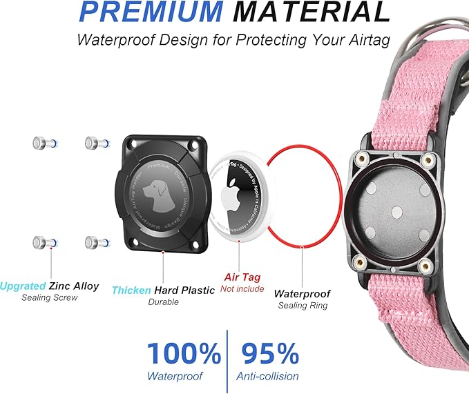 Waterproof Airtag Dog Collar - Nylon Collar with Durable Airtag Holder, Reflective&Anti-Lost with Safety Metal Buckle, Soft Padded Adjustable for Small Medium Large Dogs Pink L
