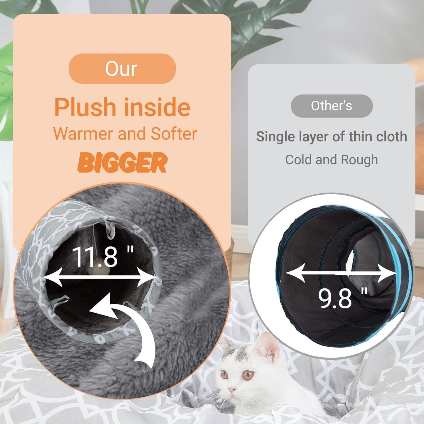 LUCKITTY Geometric Straight Cat Tunnel with Plush Inside,Cats Toys Collapsible Tunnel Tube with Balls, for Rabbits, Kittens, Ferrets,Puppy,Diameter 11.8 Inch