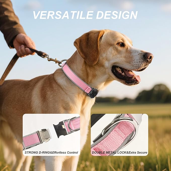 Waterproof Airtag Dog Collar - Nylon Collar with Durable Airtag Holder, Reflective&Anti-Lost with Safety Metal Buckle, Soft Padded Adjustable for Small Medium Large Dogs Pink L