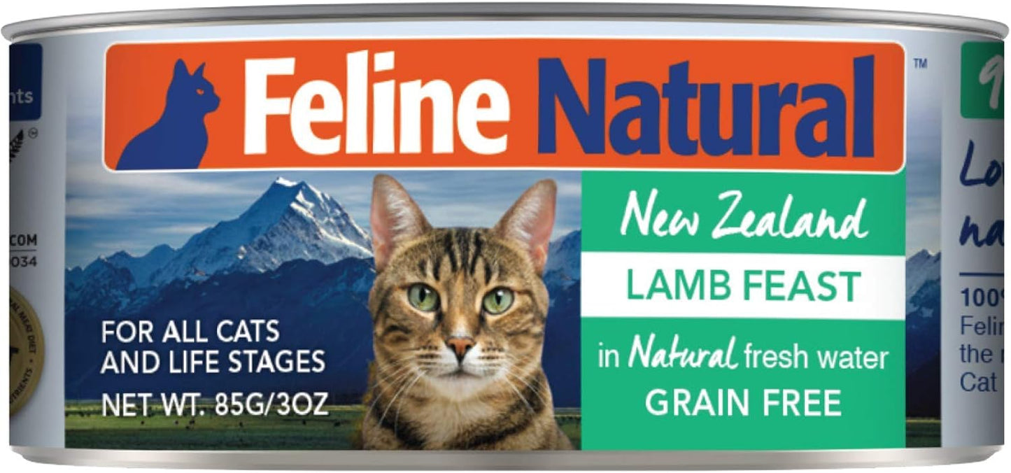 Feline Natural New Zealand Canned Catfood Wet Food, High-Meat, Low-Carb, & Grain Free Cat Food Wet, Lamb Feast, 3 oz, Pack of 24