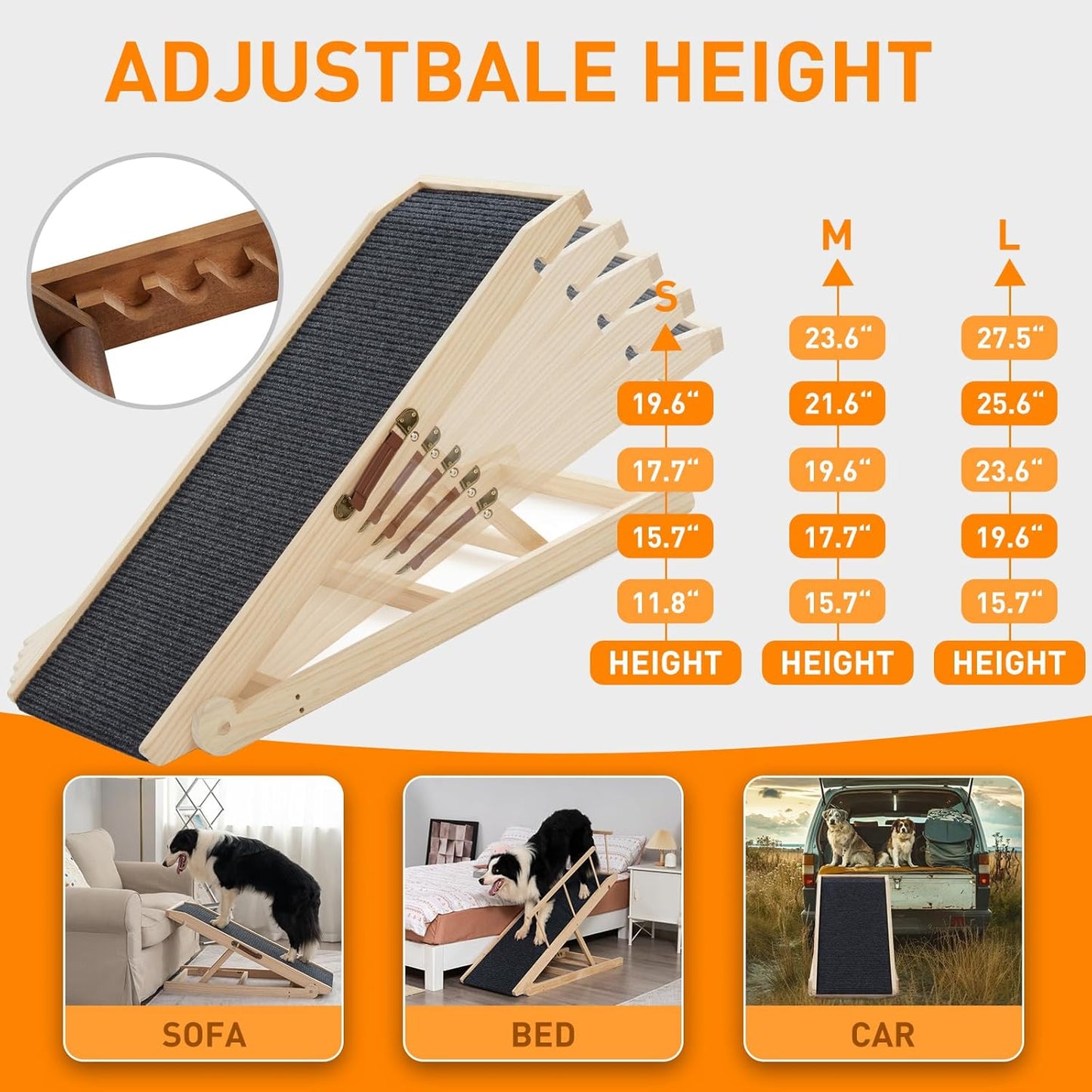 Dog Ramp for Bed Couch - Pet Steps Stairs to Get on Bed Couch 15.7"-23.6" High for Small or Large Dog Up to 200 lbs, Adjustable Wooden Dog Ramp Steps Foldable Portable, Anti-Slip Carpet (Brown)