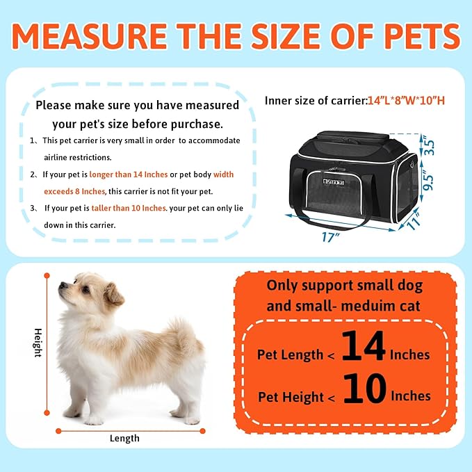 Petskd Top-Expandable Pet Carrier 17x11x9.5 Inches Alaska Airline Approved, Soft-Sided Carrier for Small Cats and Dogs with Locking Safety Zippers and Anti-Scratch Mesh(Black)