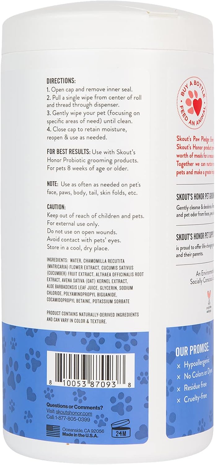 SKOUT'S HONOR Pet Grooming Wipes for Dogs and Cats - Deodorizing, Plant-Based, Biodegradable, Fragrance-Free - for Paws, Faces, Skin Folds & Bums, 80 Count