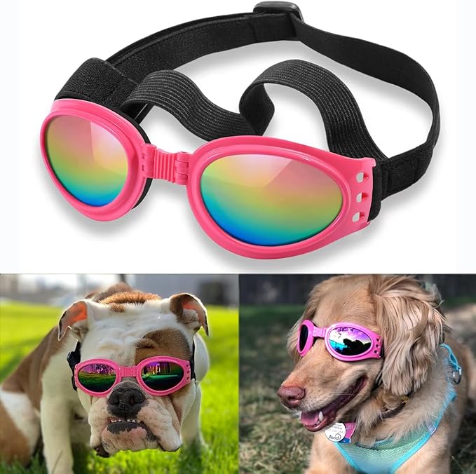 QUMY Dog Sunglasses Dog Goggles for Medium Large Breed Dogs, Wind Dust Fog Protection Eye Wear Pet Glasses with Adjustable Strap for Motorcycle Car Driving Bike Riding Hiking Swimming Over 15lbs Pink