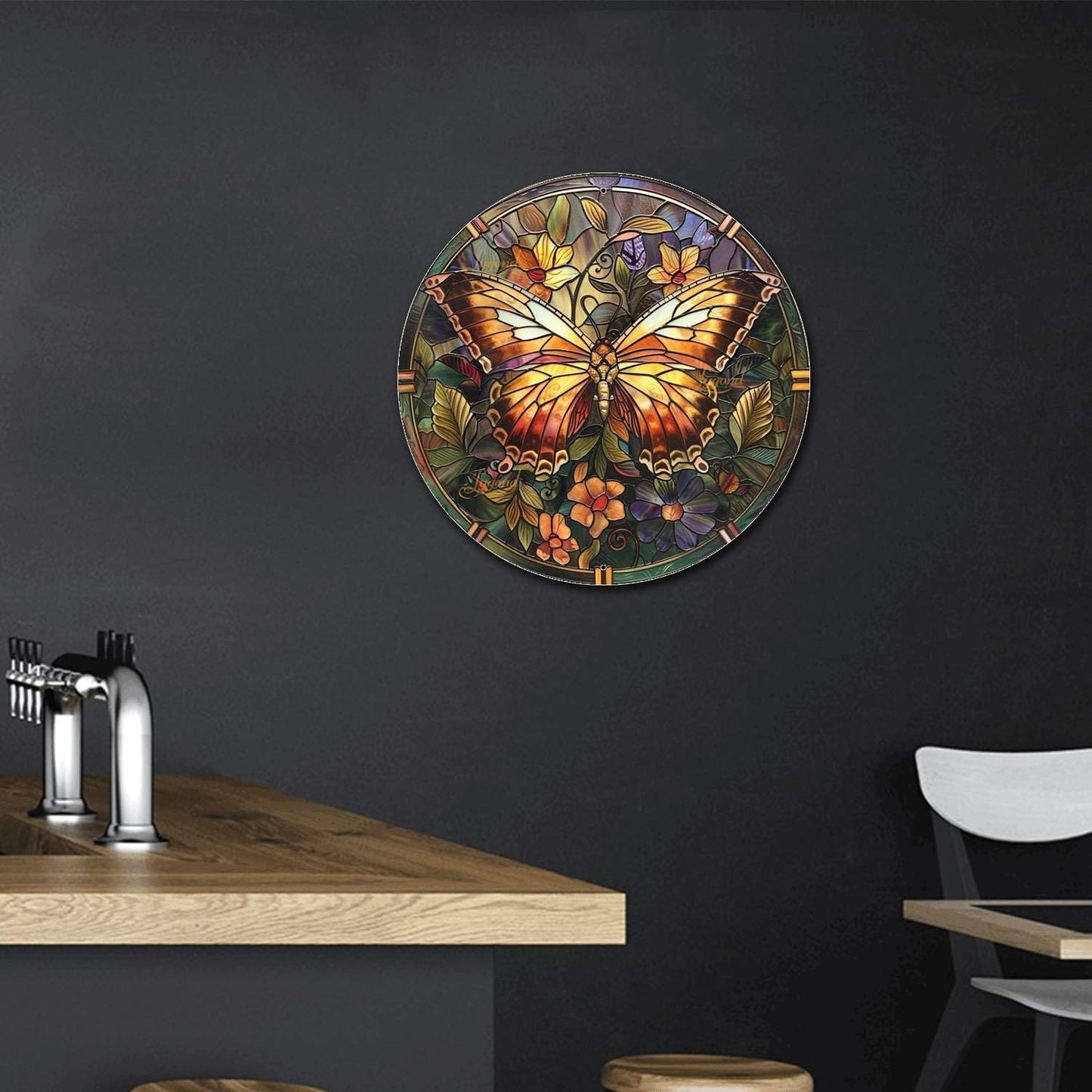 Lygond Metal Sign Tin Sign Circular Stained Glass Butterfly Funny Bathroom Decor for Garage 8×8 Inches