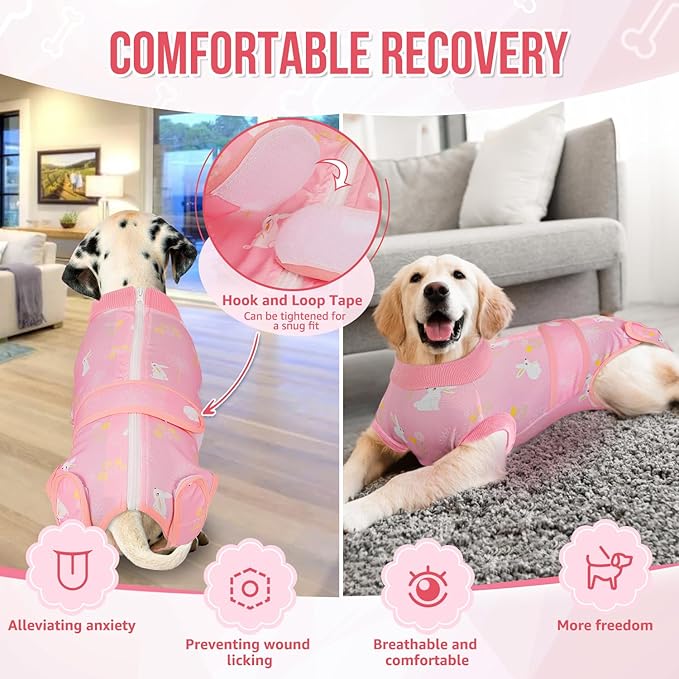 Lukovee Recovery Suit for Dogs, Zipper-On Onesie for Female Male Dog, Abdominal Wounds Cone E-Collar Alternative, Prevent Licking Spay (X-Large, A-Pink)