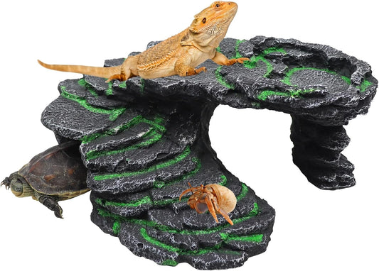 Large Bearded Dragon Basking Platform, Resin Reptile Hideouts Cave, Hermit Crab Climbing Toys, Terrarium Habitat Decor Accessories for Lizard Spider Aquarium Fish Gecko - 9.5 × 8 × 3.7 Inch