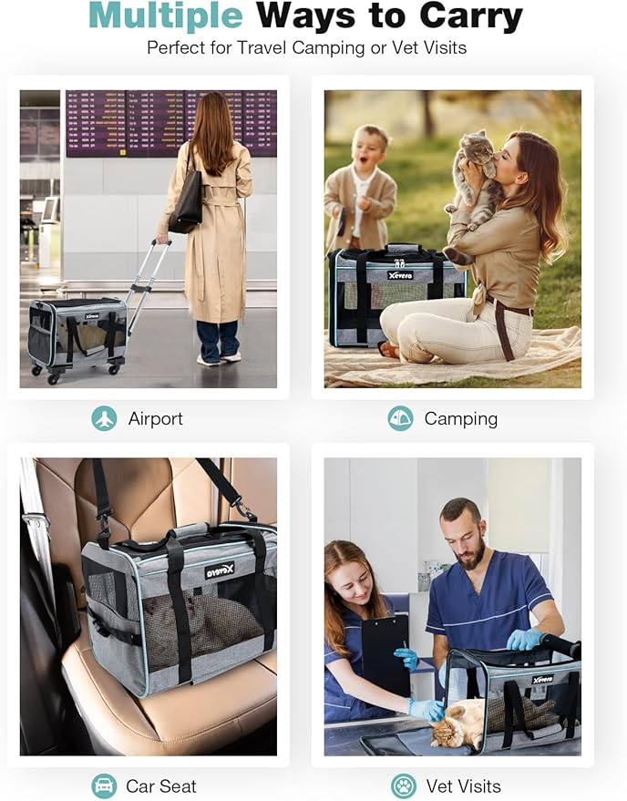 Cat Dog Carrier with Wheels Airline Approved Rolling Pet Carrier with Telescopic Handle, Shoulder Strap and Pet Bowl, Grey