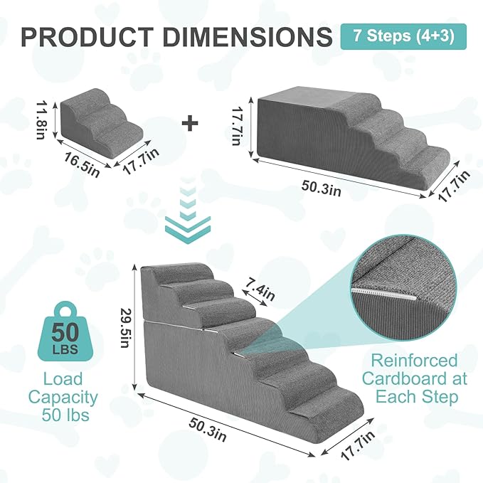 5-Step Dog Stairs for High Bed - 21.3" Adjustable Dog Ramps for Couch, Non-Slip Sturdy Pet Steps for Small Dogs, Washable Cover, Removable Modular Design, Dual 11” & 12.83” Steps for Custom Height