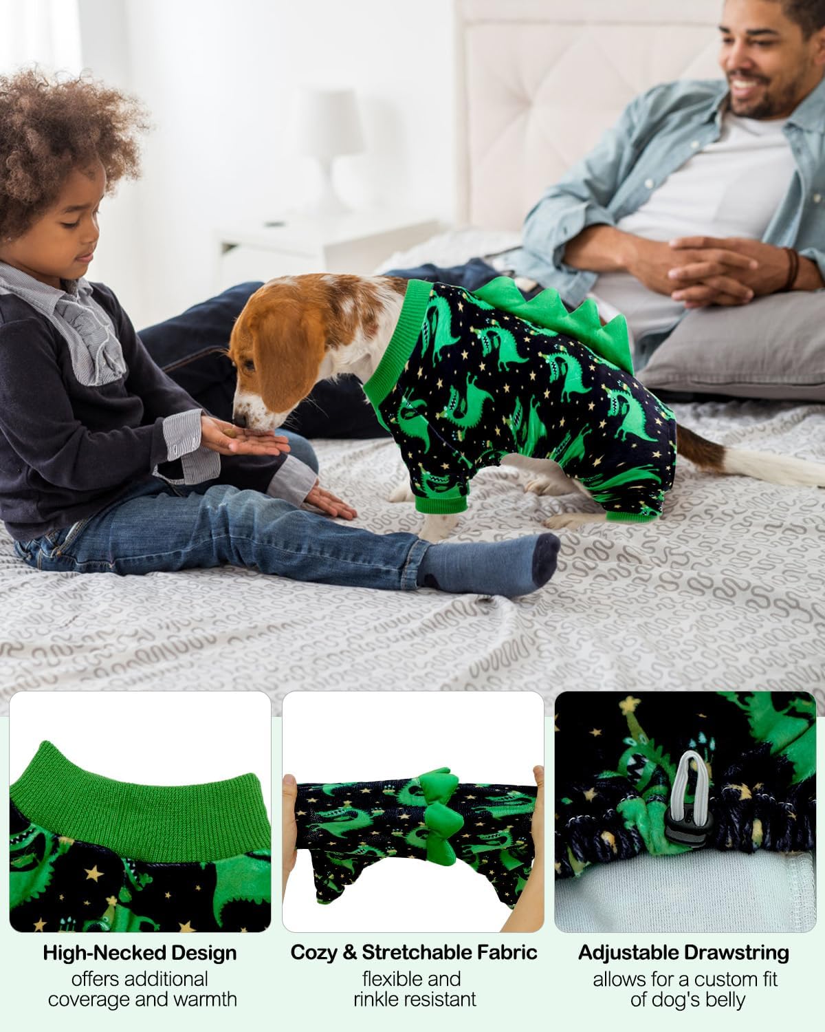 CuteBone Dinosaur Costume Dog Pajamas, Stretchy Spandex Crystal Velvet Sleepwear Coat for Small Dogs, Soft & Warm Pet Outfit Clothes for Cold Weather, Cozy Pullover Design COSP14XL