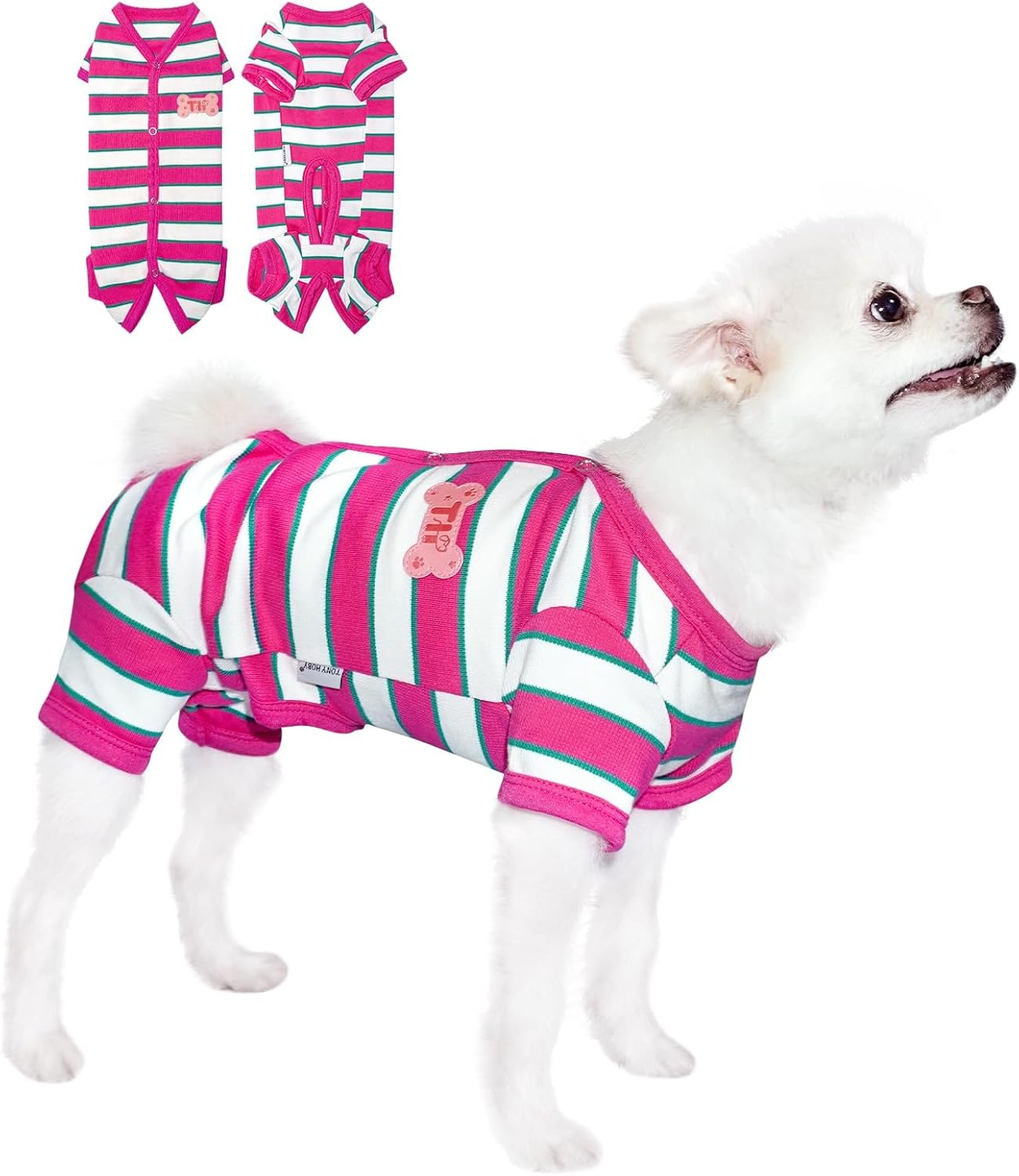TONY HOBY Male Dog Pajamas, Dog Jumpsuit with Rose Red Stripe, Colorful Dogs Shirt for Small Medium Dogs (Rose Red&White, Boy, XL)