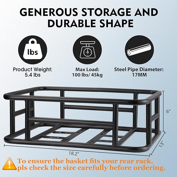 RAYMACE Rear Rack Bike Basket with Cargo Net and Liner Large Bicycle Basket Perfect Mount for Electric Bike